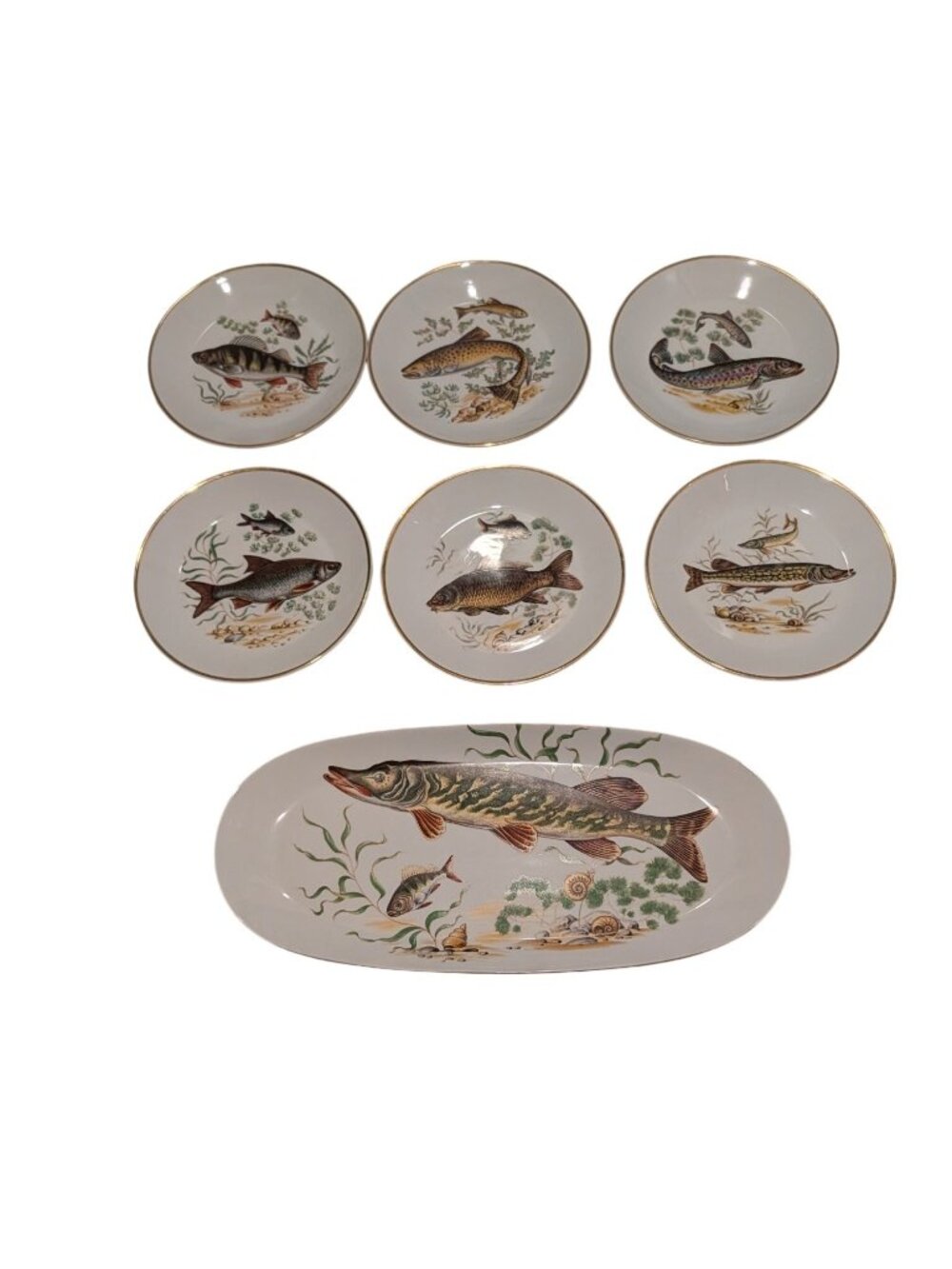 Vintage Naaman Israel Fish Platter 6 Plates Gold Trim Porcelain NAA2 Pike Fish